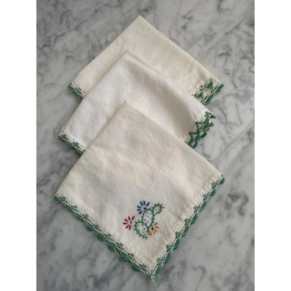 Vintage Hand Embroidered Cactus Linen Napkins Set of 3 Green Lace Trim 11.5